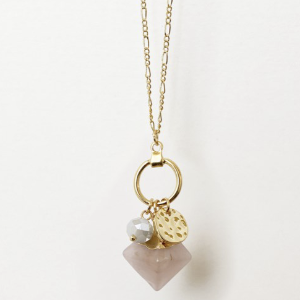 Necklace, Pink Quartz Pendant On Long Gold Chain