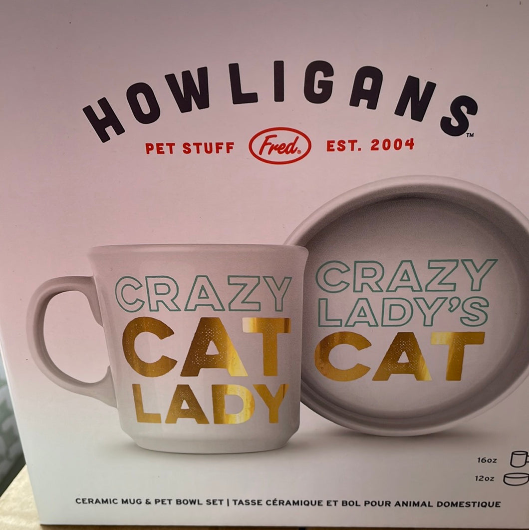 Howligans, Mug & Pet Bowl Set, Crazy Cat Lady