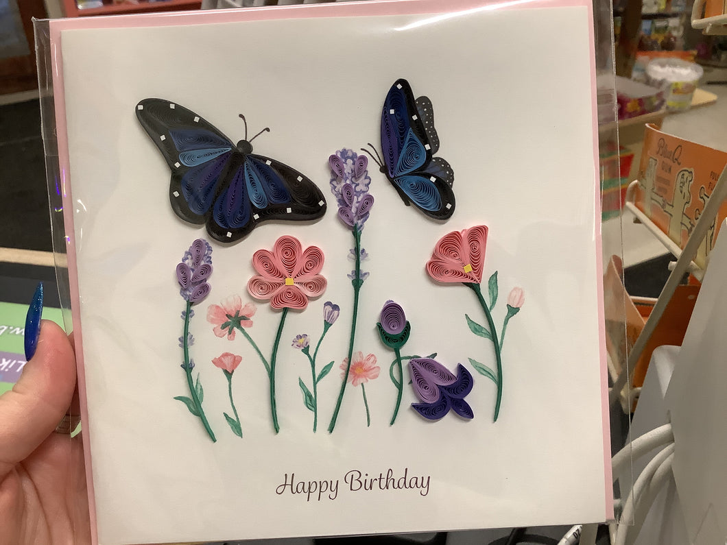 Quilling Card, Birthday Flowers & Blue Butterflies