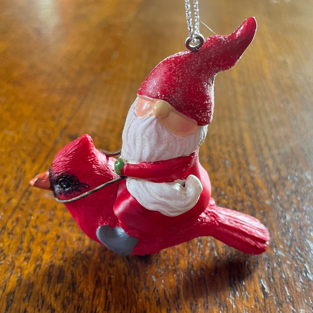 Christmas Ornament, Gnome On Bird/Cardinal
